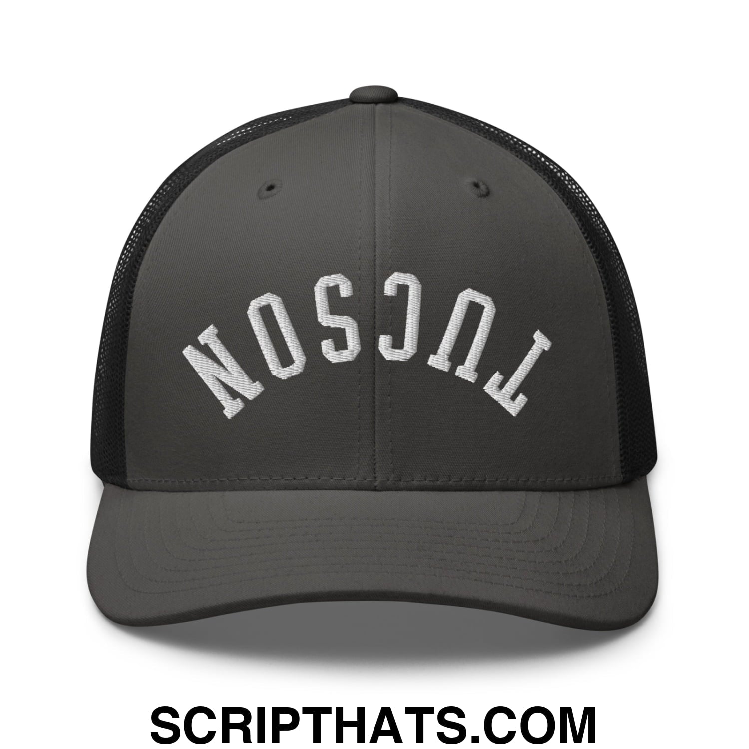 Upside Down Tucson Embroidered Mesh Trucker Hat Charcoal Black