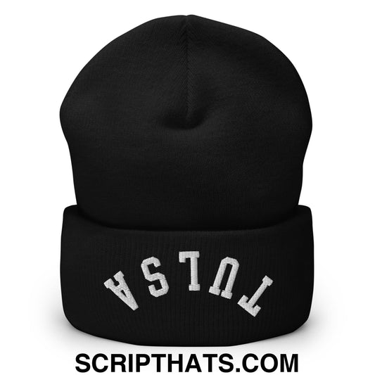 Upside Down Tulsa Embroidered Cuffed Knit Beanie Black
