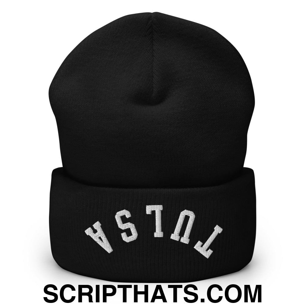 Upside Down Tulsa Embroidered Cuffed Knit Beanie Black