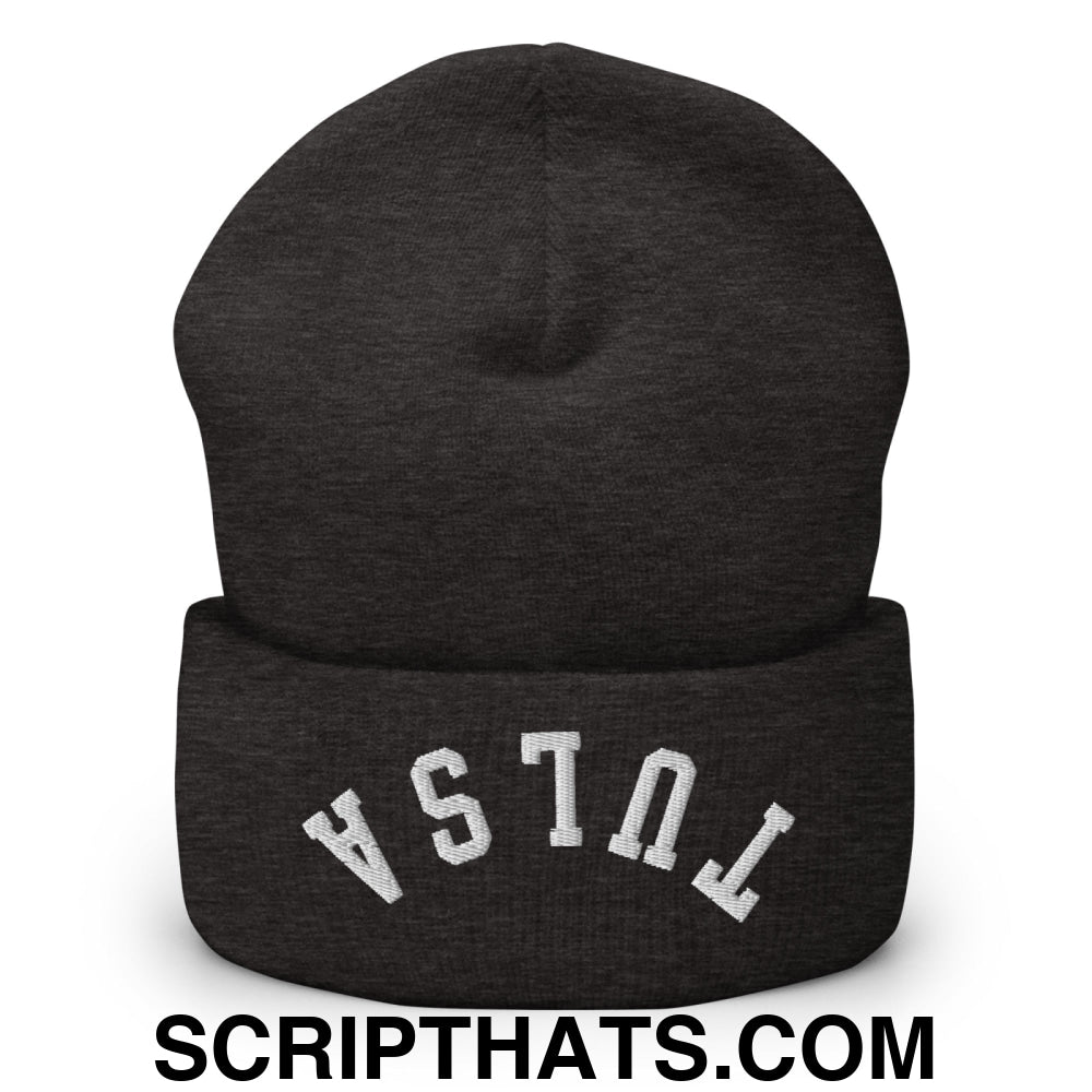 Upside Down Tulsa Embroidered Cuffed Knit Beanie Dark Grey