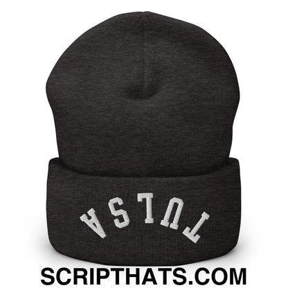 Upside Down Tulsa Embroidered Cuffed Knit Beanie Dark Grey