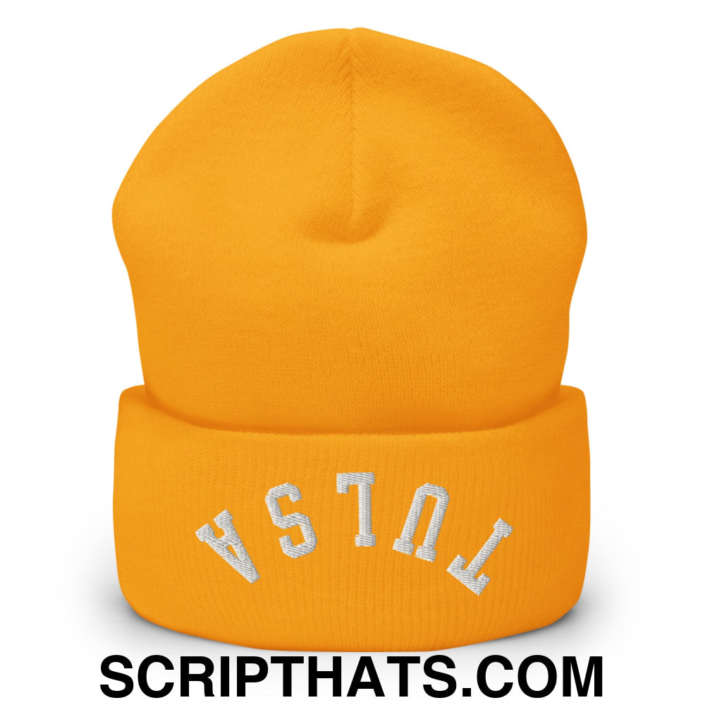 Upside Down Tulsa Embroidered Cuffed Knit Beanie Gold