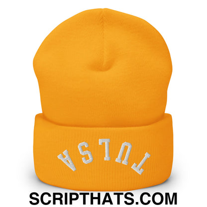 Upside Down Tulsa Embroidered Cuffed Knit Beanie Gold