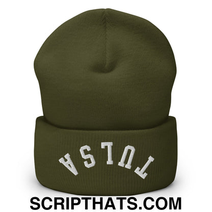 Upside Down Tulsa Embroidered Cuffed Knit Beanie Olive