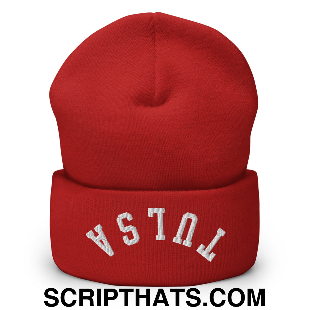 Upside Down Tulsa Embroidered Cuffed Knit Beanie Red