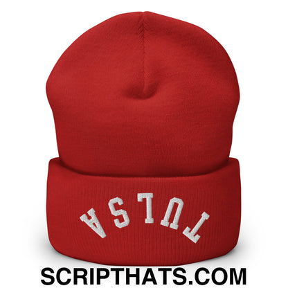 Upside Down Tulsa Embroidered Cuffed Knit Beanie Red
