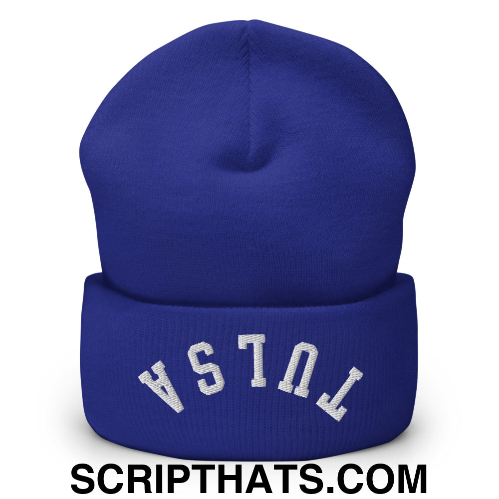 Upside Down Tulsa Embroidered Cuffed Knit Beanie Royal