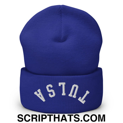 Upside Down Tulsa Embroidered Cuffed Knit Beanie Royal