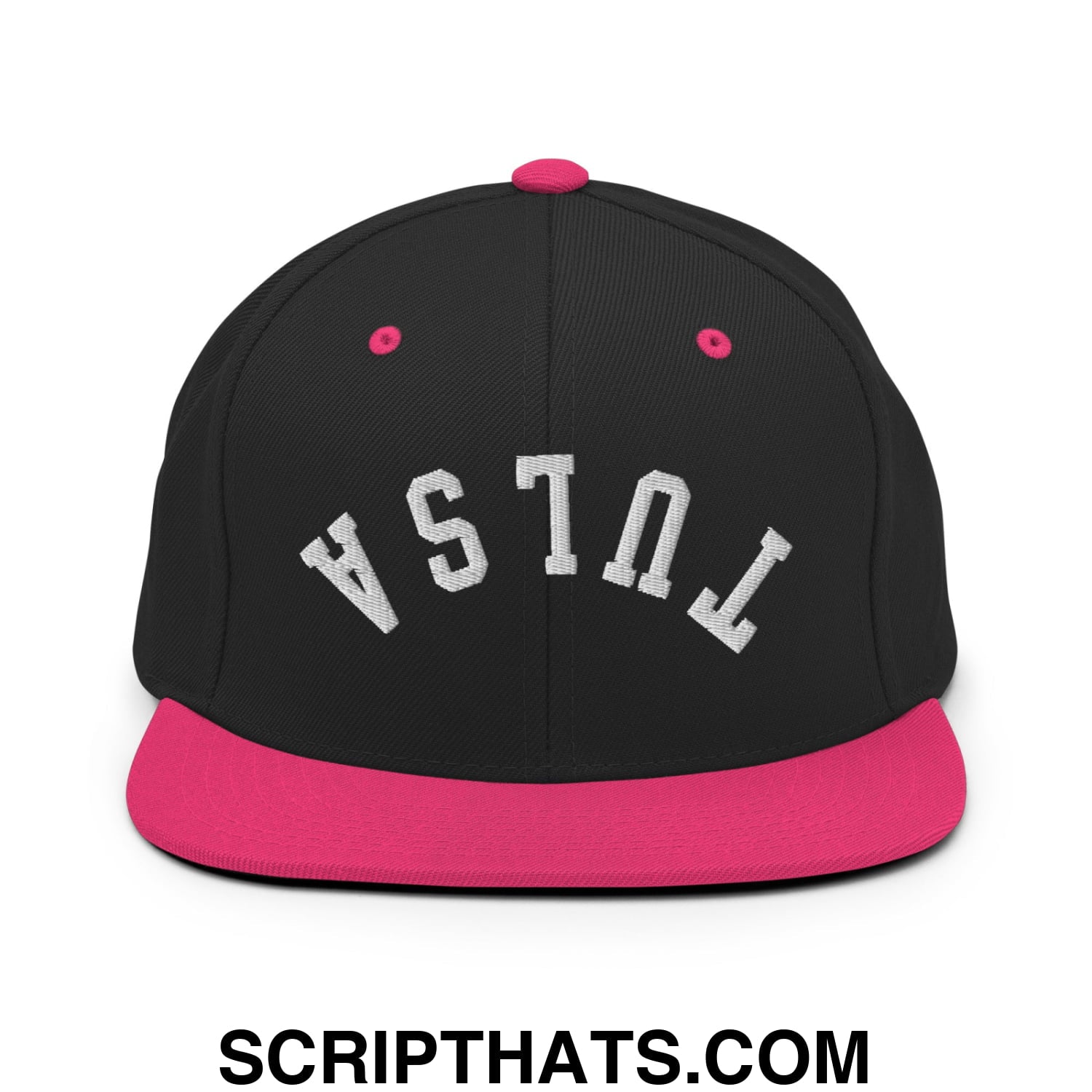 Upside Down Tulsa Embroidered Flat Bill Brim Snapback Hat Black Neon Pink
