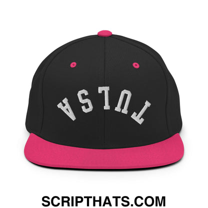 Upside Down Tulsa Embroidered Flat Bill Brim Snapback Hat Black Neon Pink