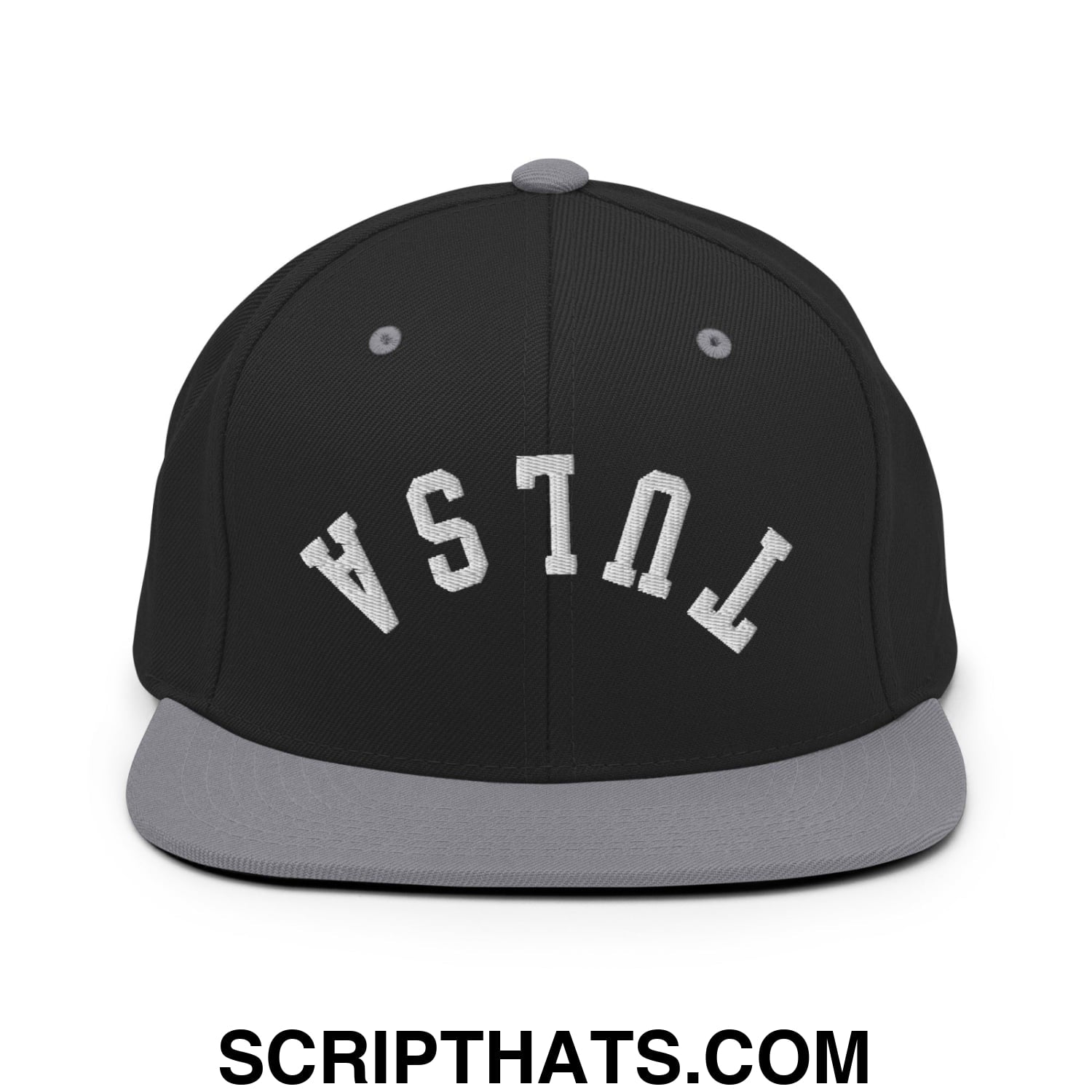 Upside Down Tulsa Embroidered Flat Bill Brim Snapback Hat Black Silver