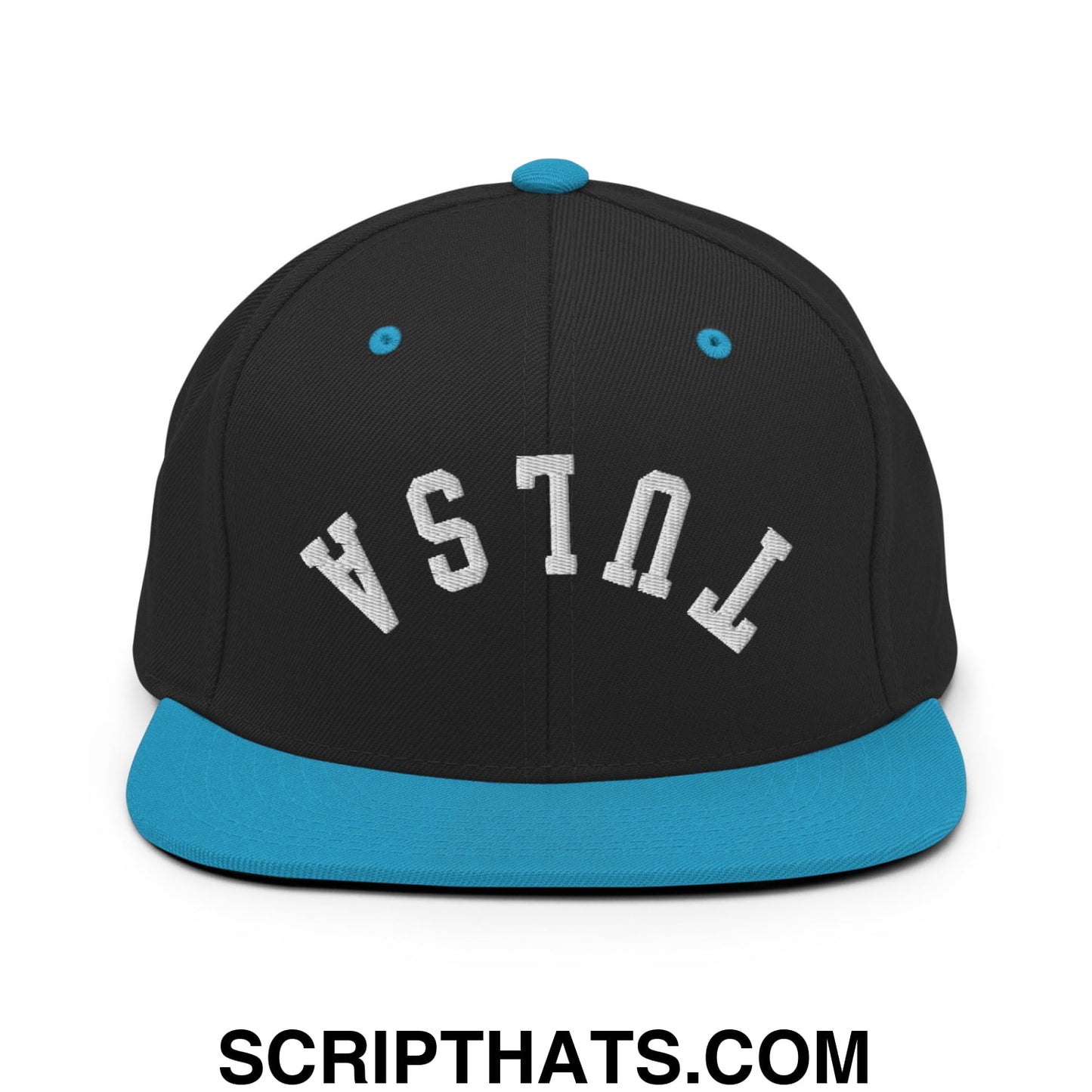 Upside Down Tulsa Embroidered Flat Bill Brim Snapback Hat Black Teal