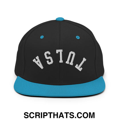 Upside Down Tulsa Embroidered Flat Bill Brim Snapback Hat Black Teal