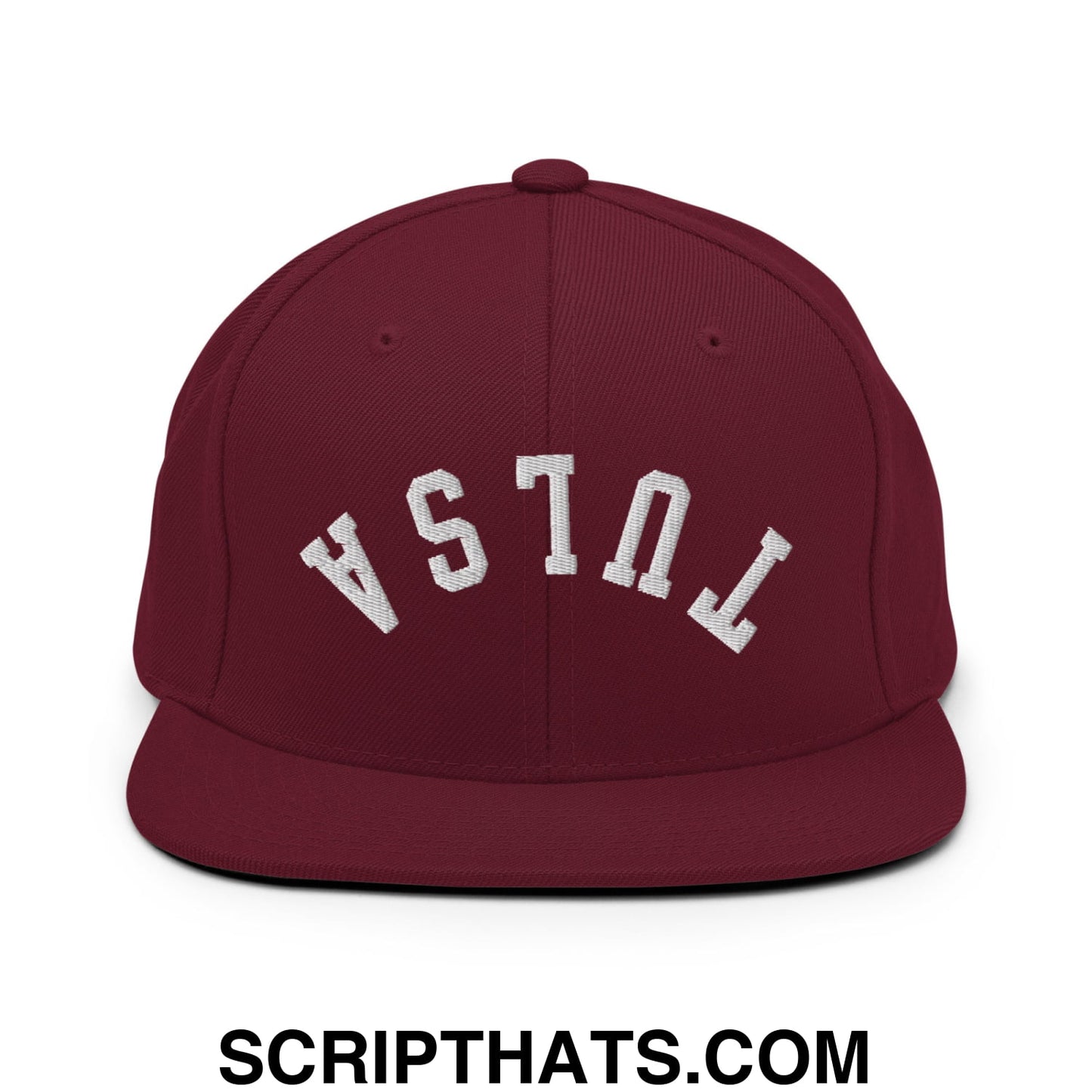 Upside Down Tulsa Embroidered Flat Bill Brim Snapback Hat Maroon