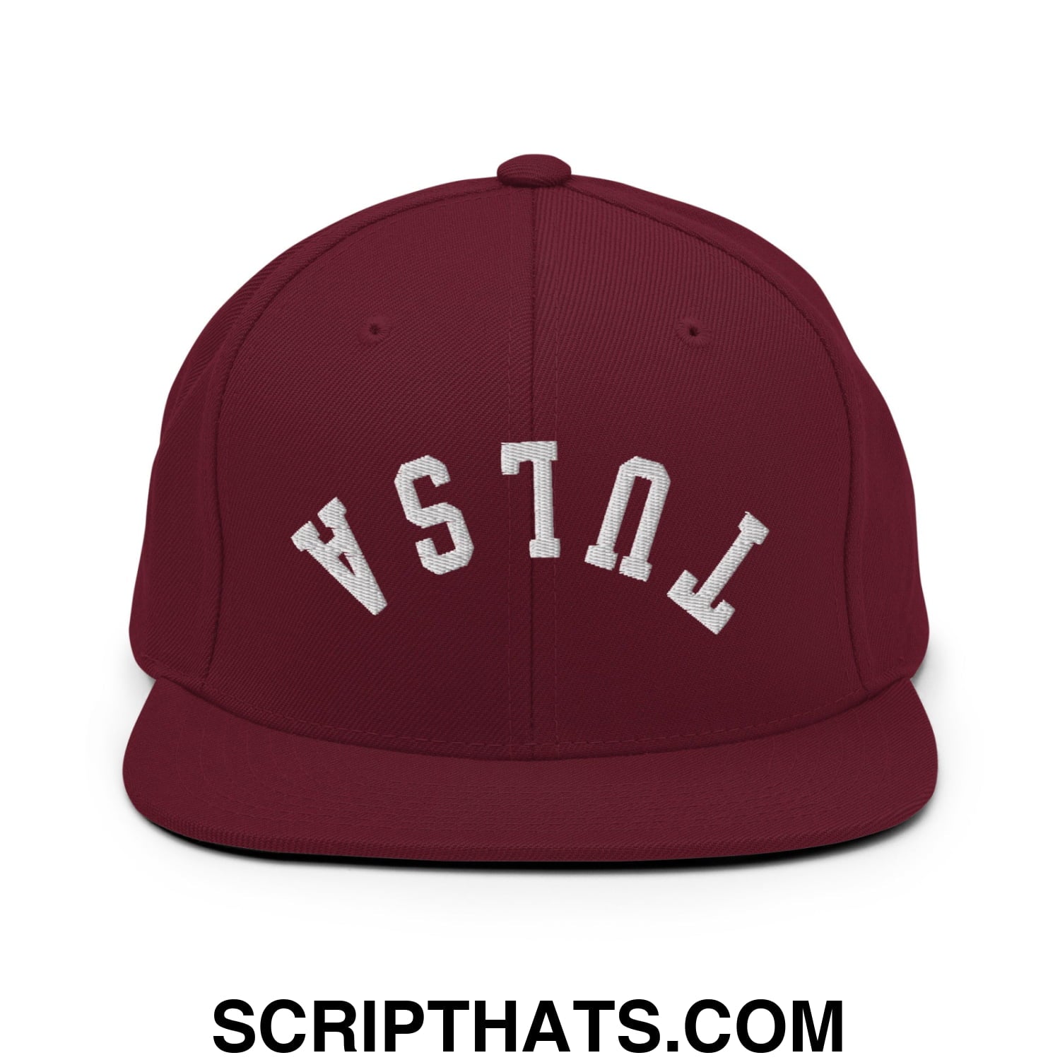 Upside Down Tulsa Embroidered Flat Bill Brim Snapback Hat Maroon