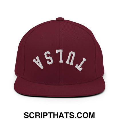 Upside Down Tulsa Embroidered Flat Bill Brim Snapback Hat Maroon