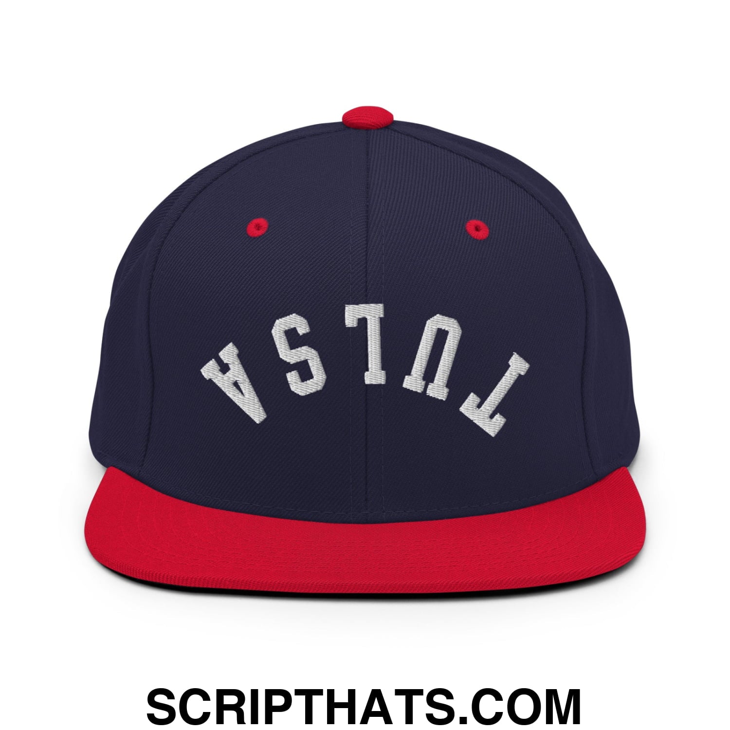 Upside Down Tulsa Embroidered Flat Bill Brim Snapback Hat Navy Red