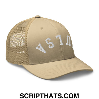 Upside Down Tulsa Embroidered Mesh Trucker Hat Khaki