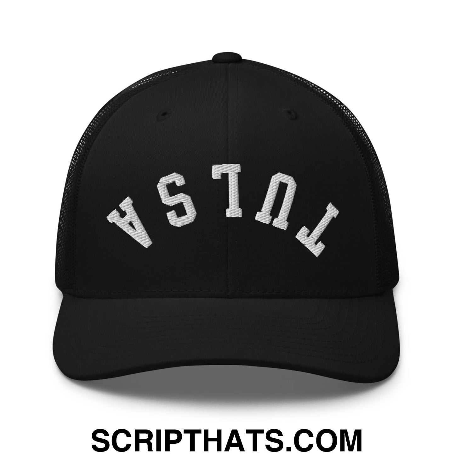 Upside Down Tulsa Embroidered Mesh Trucker Hat Black
