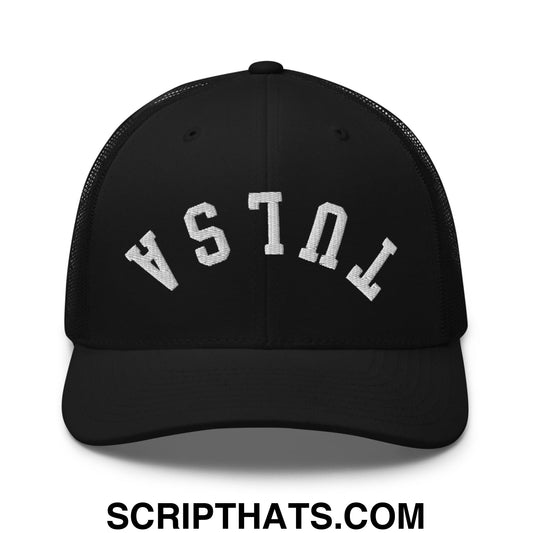 Upside Down Tulsa Embroidered Mesh Trucker Hat Black