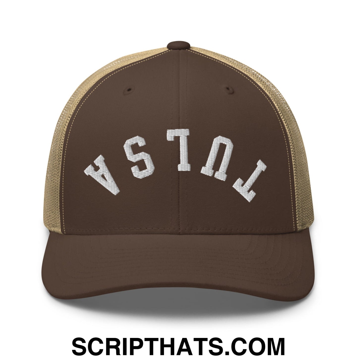 Upside Down Tulsa Embroidered Mesh Trucker Hat Brown Khaki