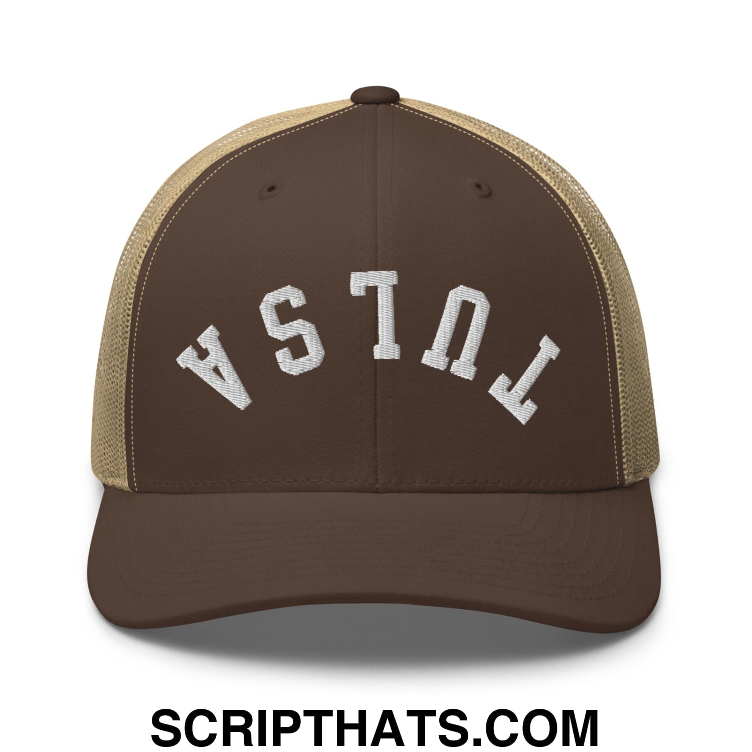 Upside Down Tulsa Embroidered Mesh Trucker Hat Brown Khaki