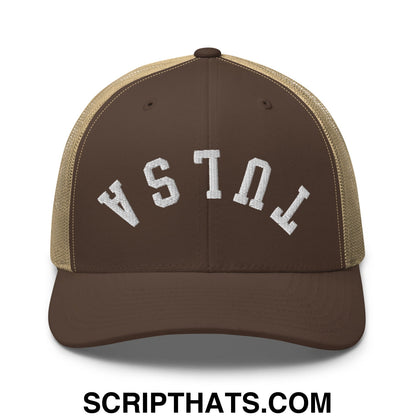 Upside Down Tulsa Embroidered Mesh Trucker Hat Brown Khaki
