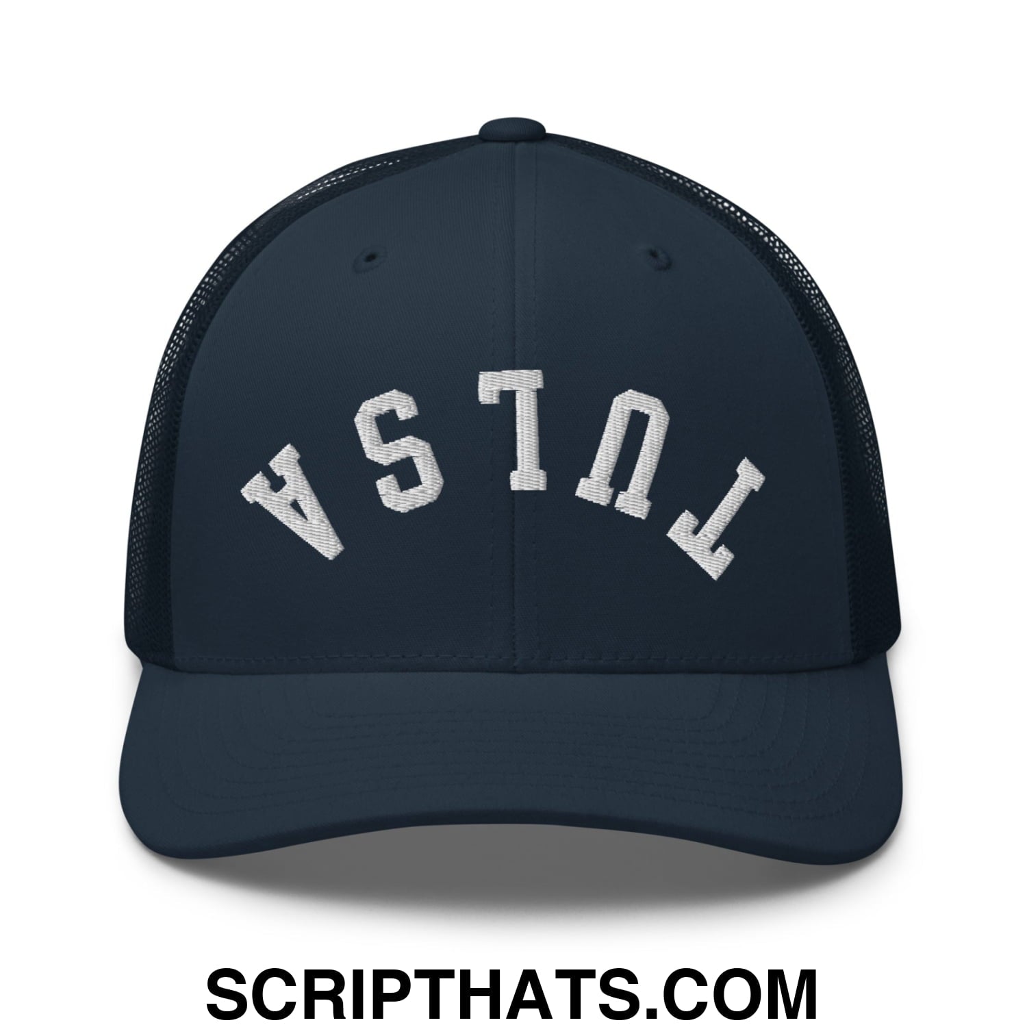 Upside Down Tulsa Embroidered Mesh Trucker Hat Navy