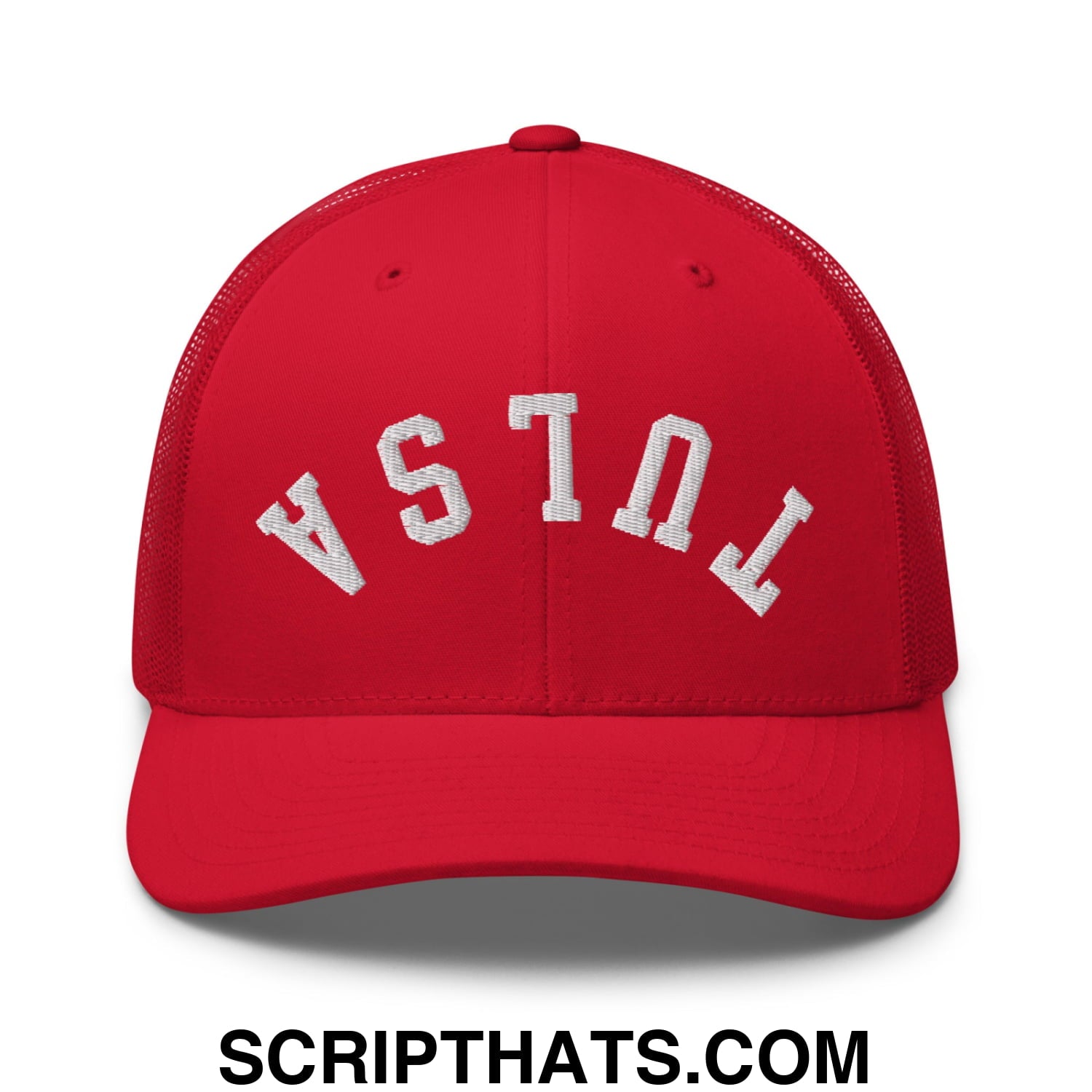Upside Down Tulsa Embroidered Mesh Trucker Hat Red