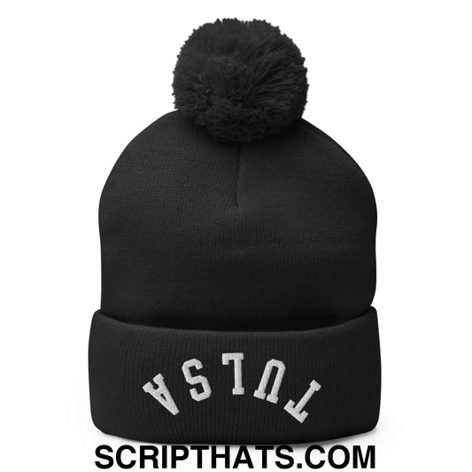 Upside Down Tulsa Embroidered Pom Pom Knit Beanie Black