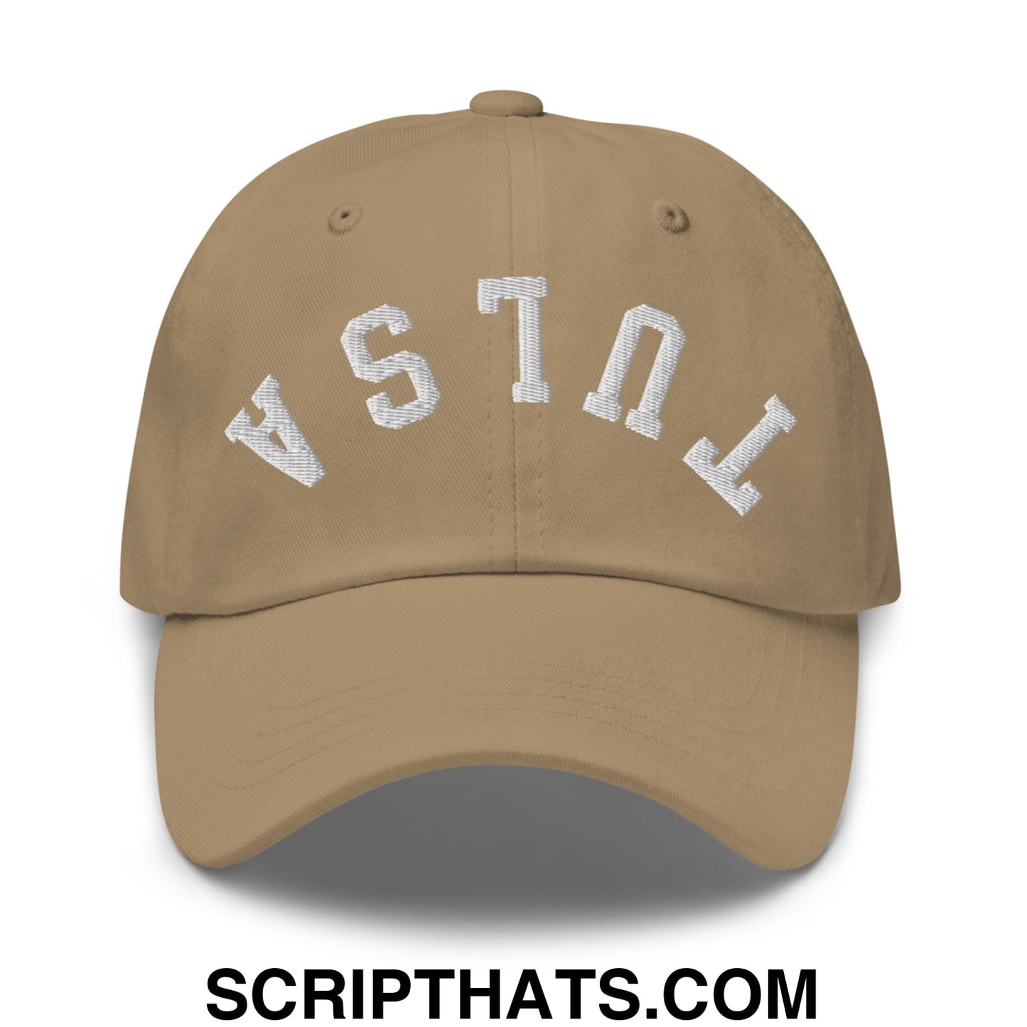 Upside Down Tulsa Embroidered Unstructured Dad Hat Khaki