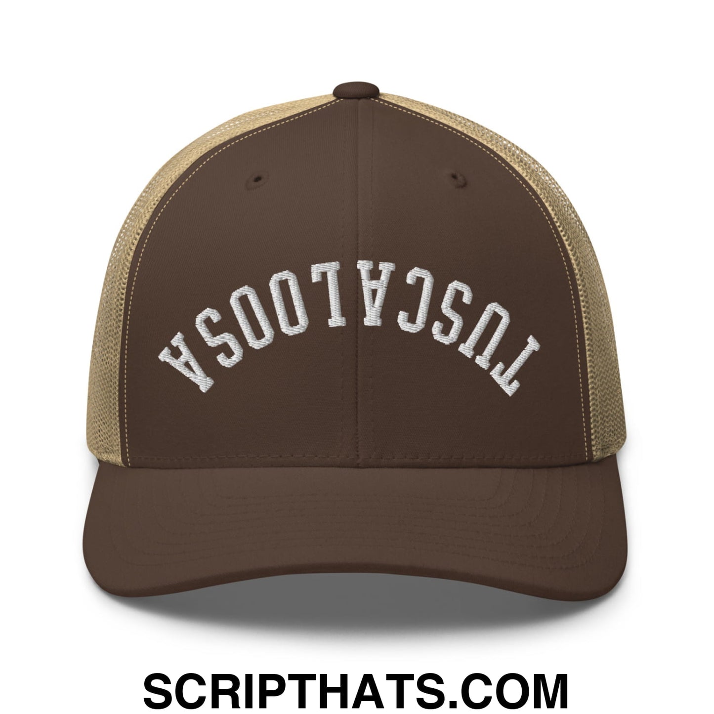 Upside Down Tuscaloosa Embroidered Mesh Trucker Hat Brown Khaki