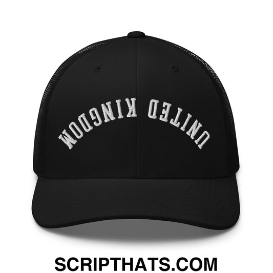 Black mesh trucker hat with white embroidered united kingdom text featuring upside down design on front panel