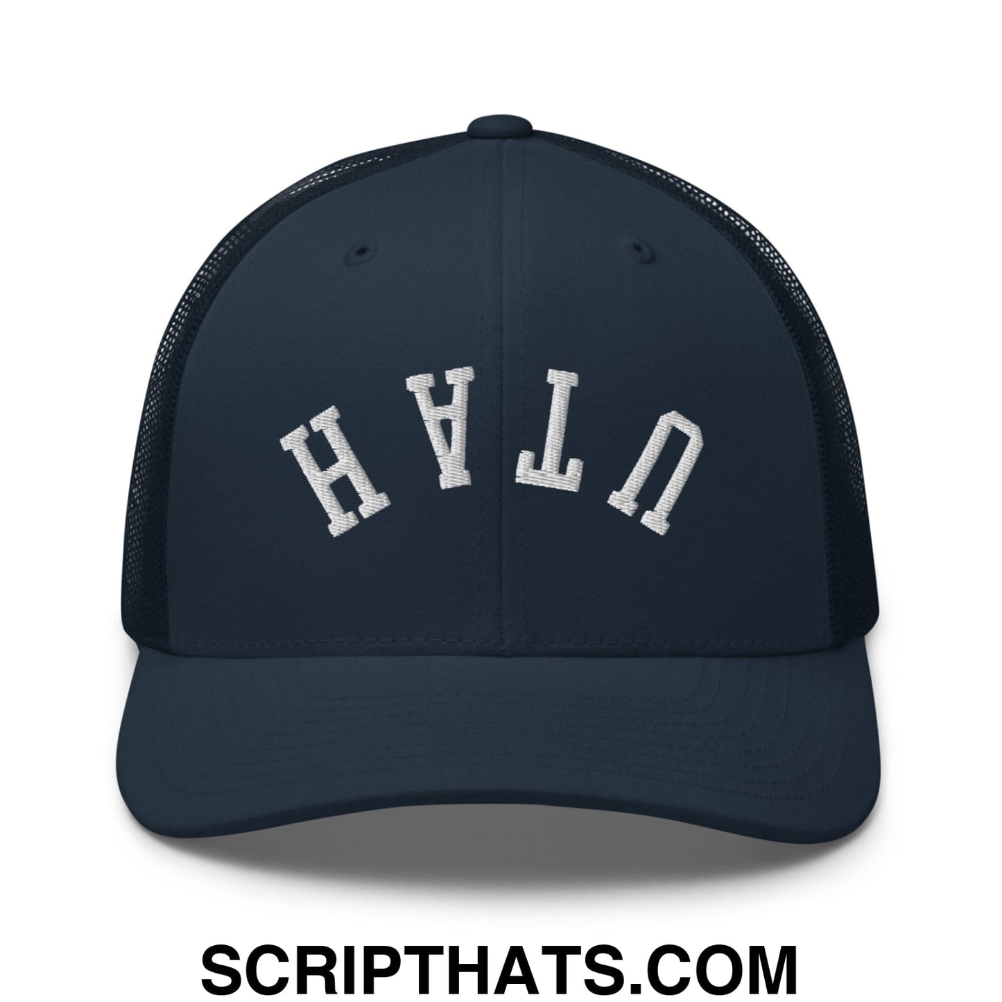 Upside Down Utah Embroidered Mesh Trucker Hat Navy