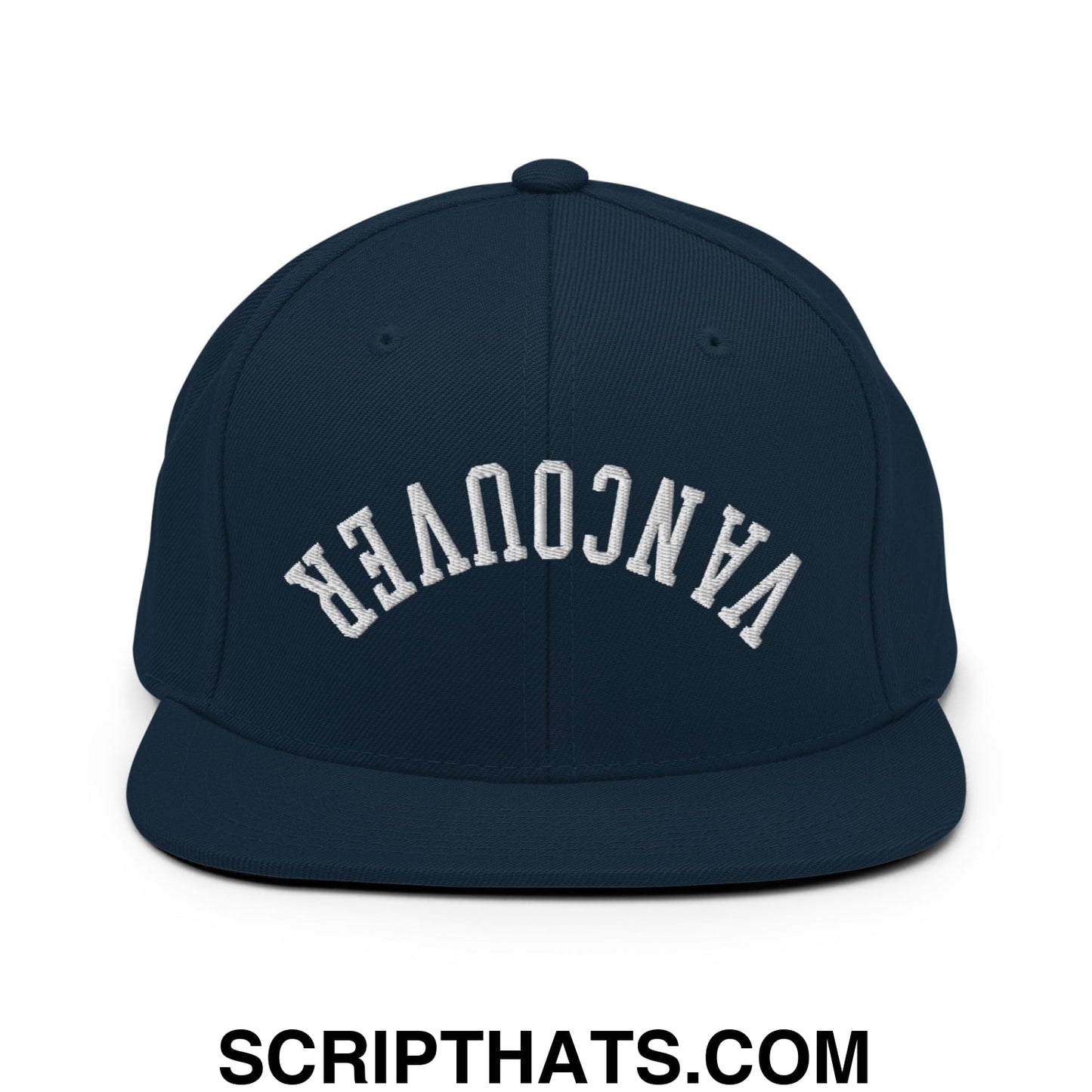 Upside Down Vancouver Embroidered Flat Bill Brim Snapback Hat Dark Navy