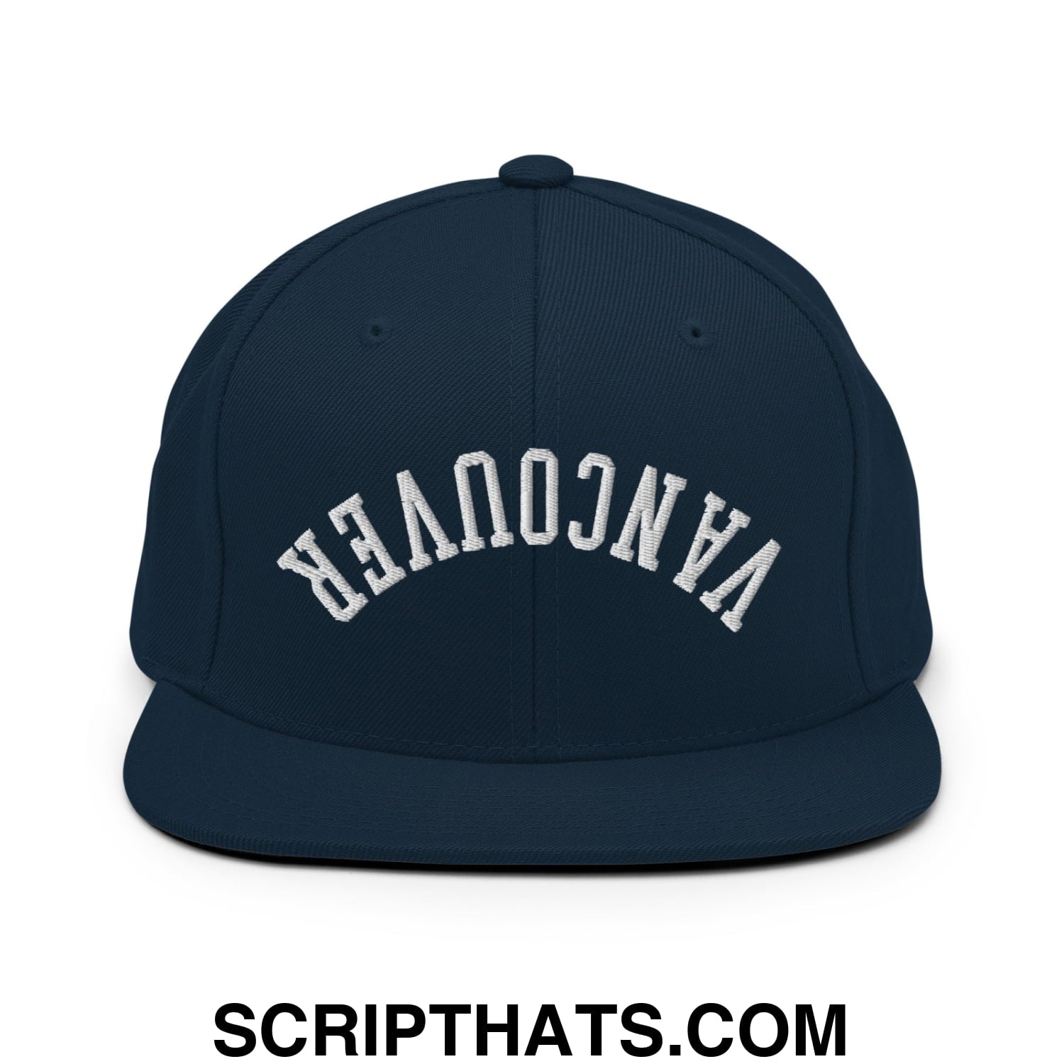 Upside Down Vancouver Embroidered Flat Bill Brim Snapback Hat Dark Navy
