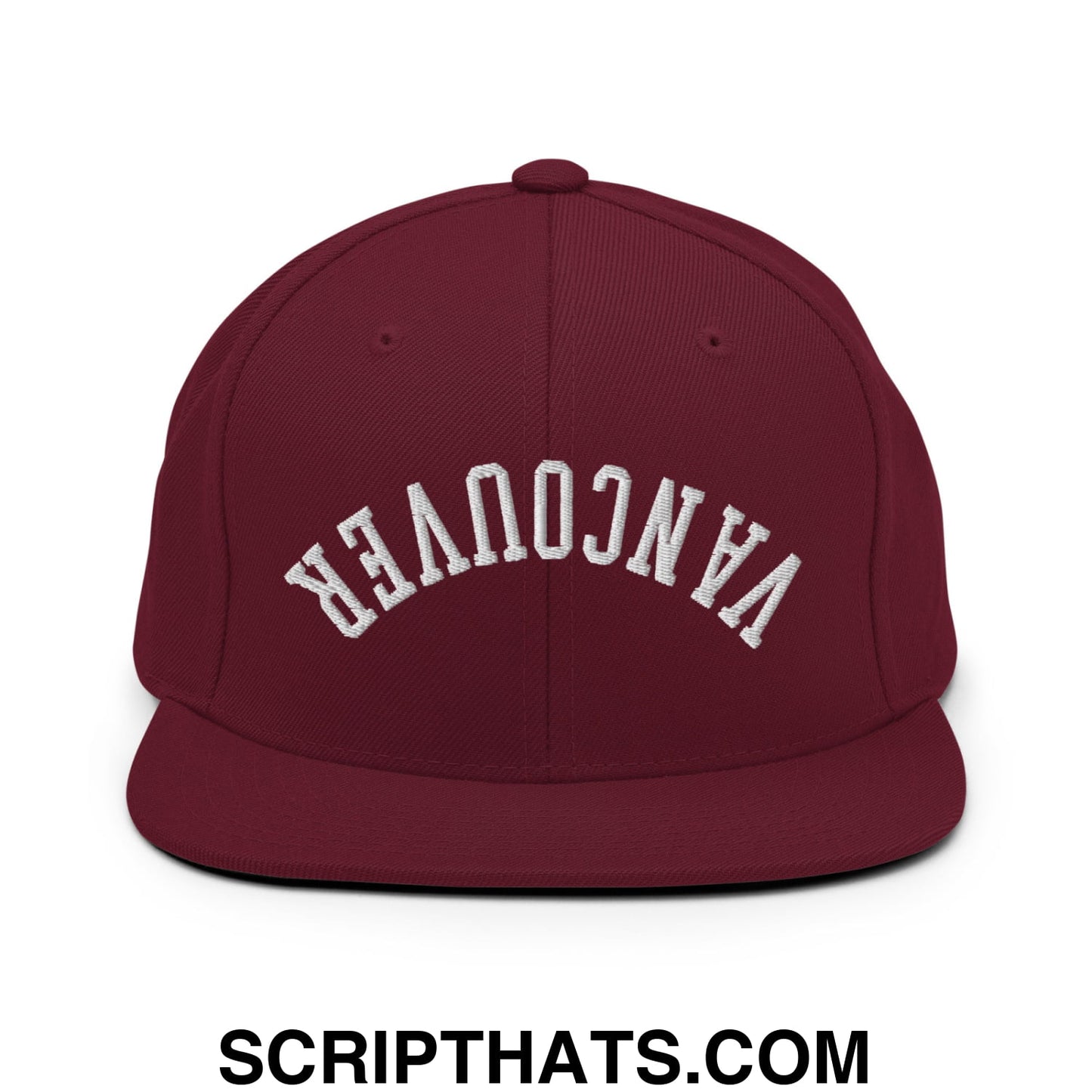 Upside Down Vancouver Embroidered Flat Bill Brim Snapback Hat Maroon