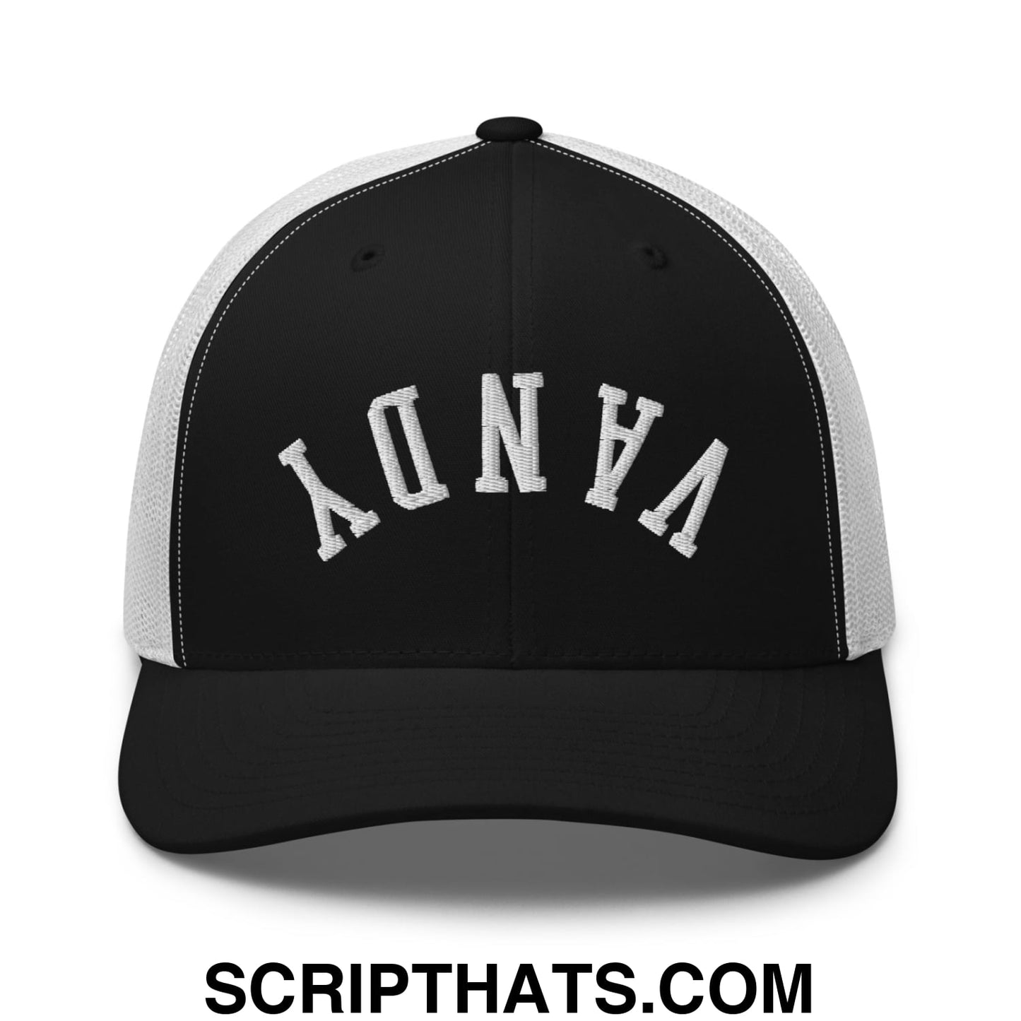 Upside Down Vandy Embroidered Mesh Trucker Hat Black White