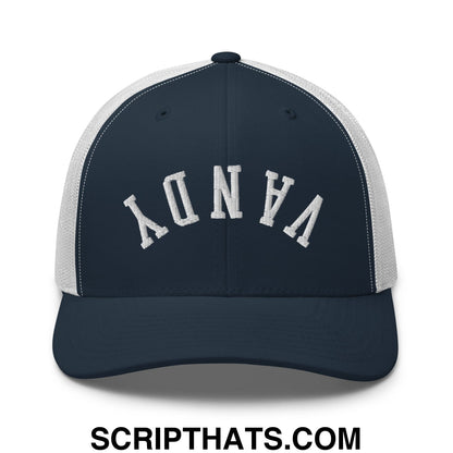Upside Down Vandy Embroidered Mesh Trucker Hat Navy White