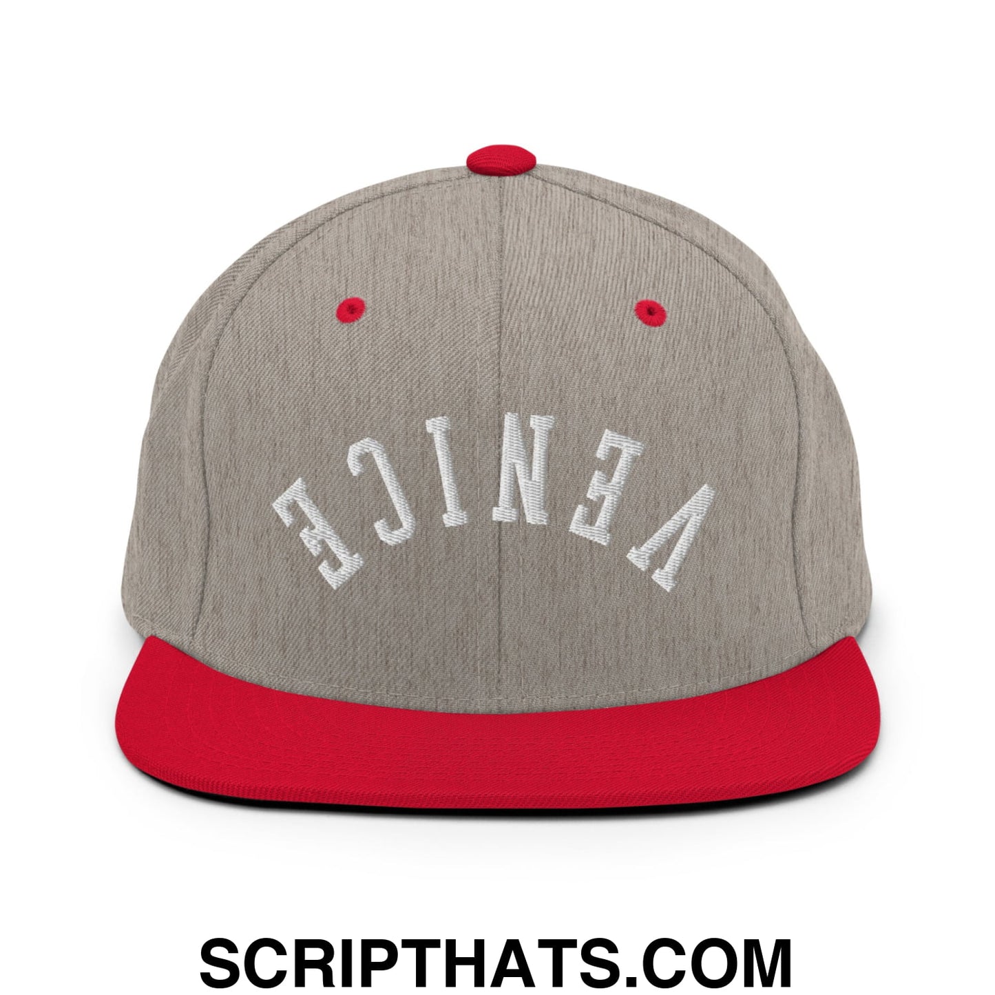 Upside Down Venice Embroidered Flat Bill Brim Snapback Hat Heather Grey Red