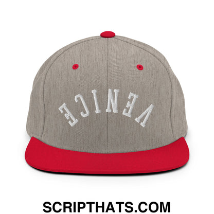 Upside Down Venice Embroidered Flat Bill Brim Snapback Hat Heather Grey Red
