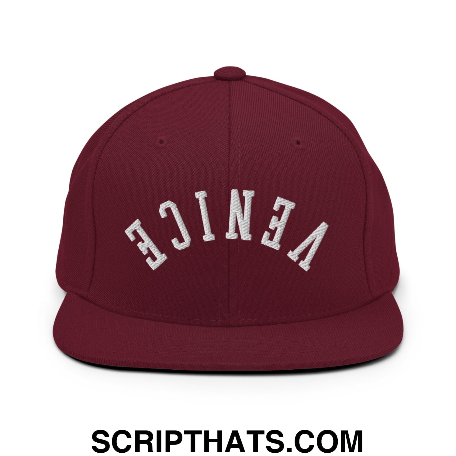 Upside Down Venice Embroidered Flat Bill Brim Snapback Hat Maroon