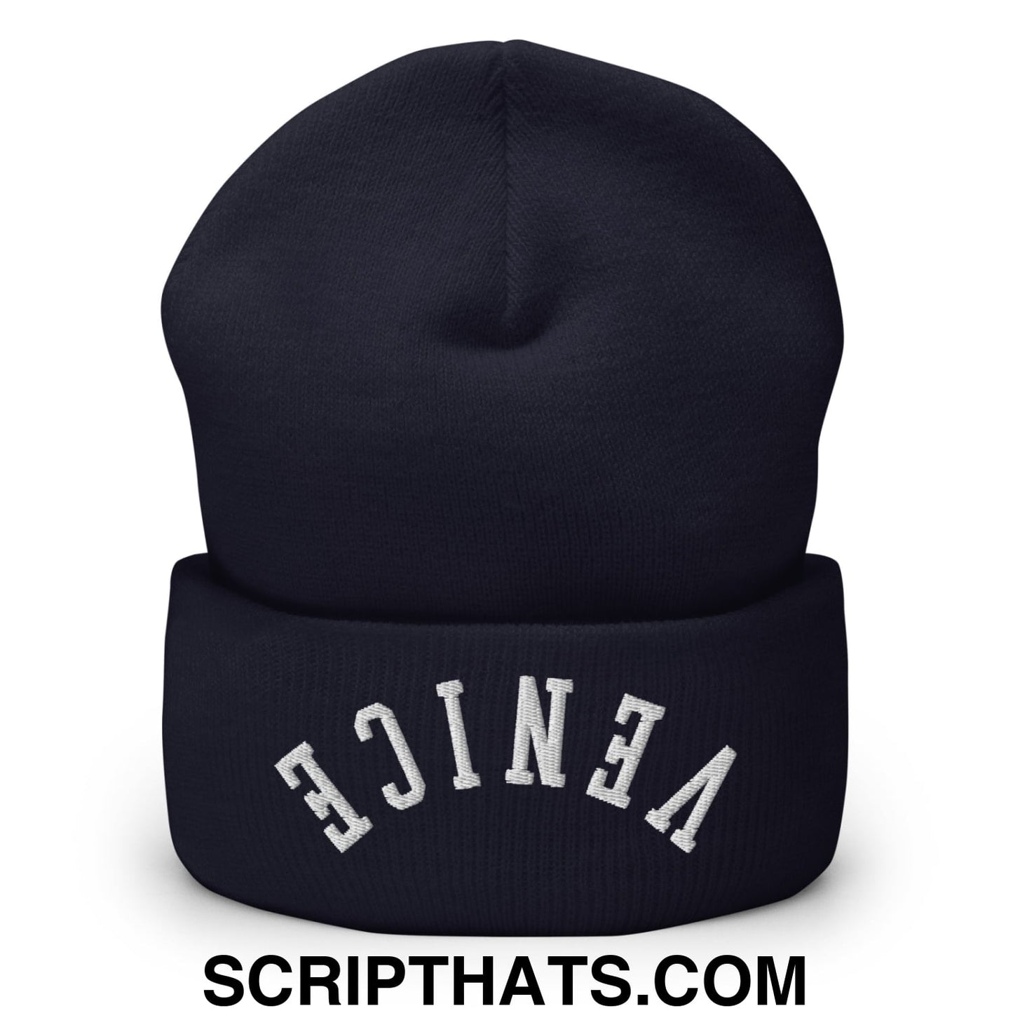 Upside Down Venice Embroidered Knit Cuffed Beanie Navy