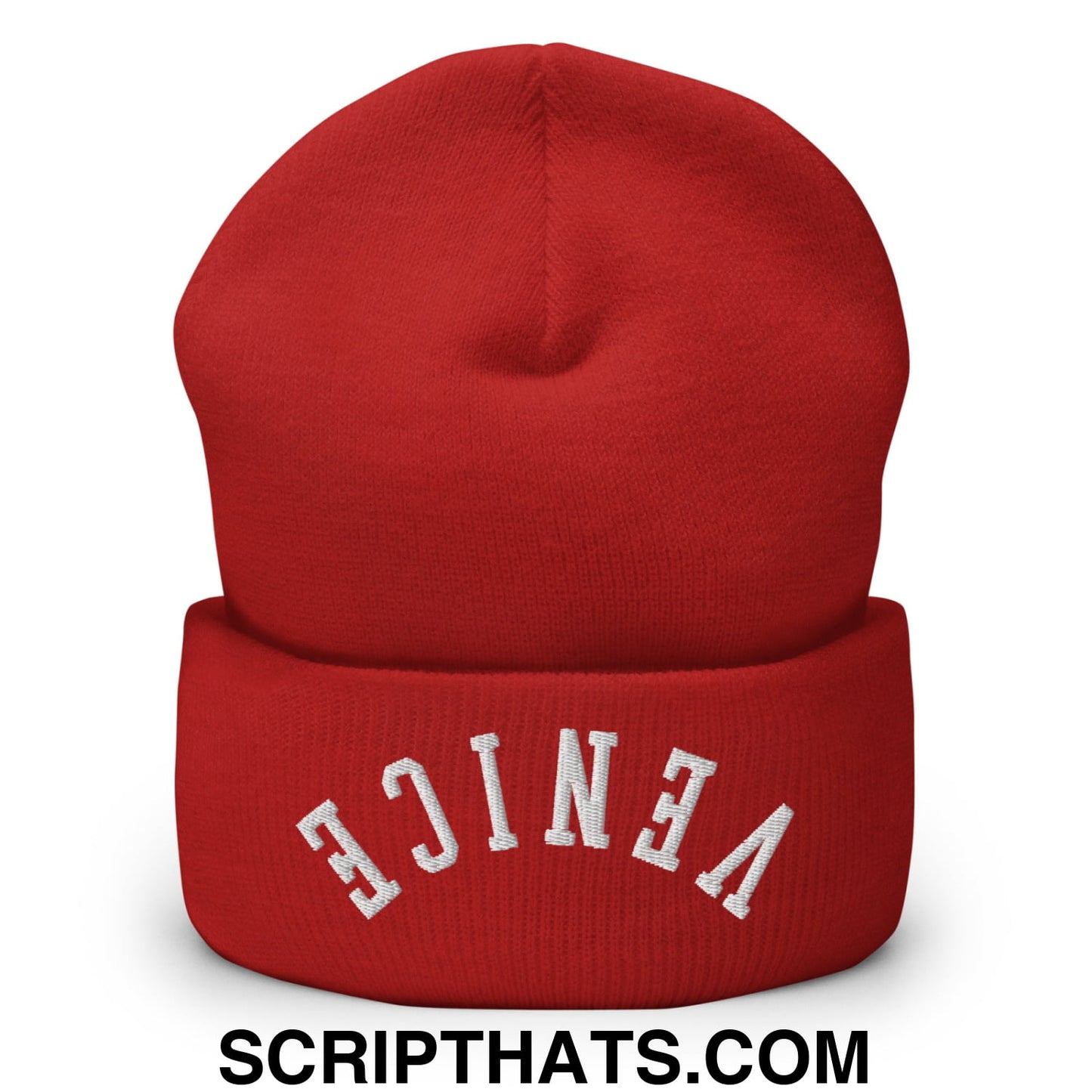 Upside Down Venice Embroidered Knit Cuffed Beanie Red