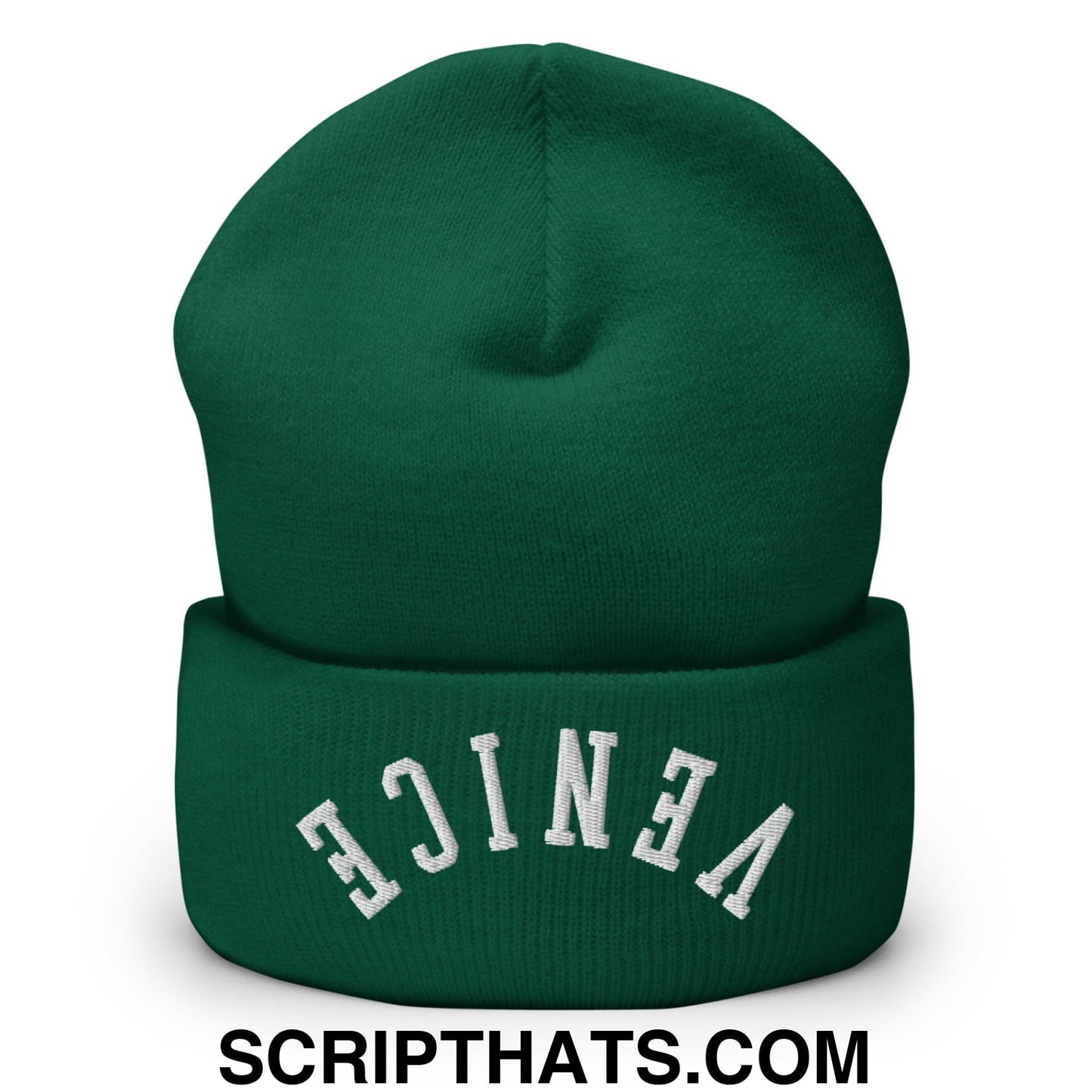 Upside Down Venice Embroidered Knit Cuffed Beanie Spruce