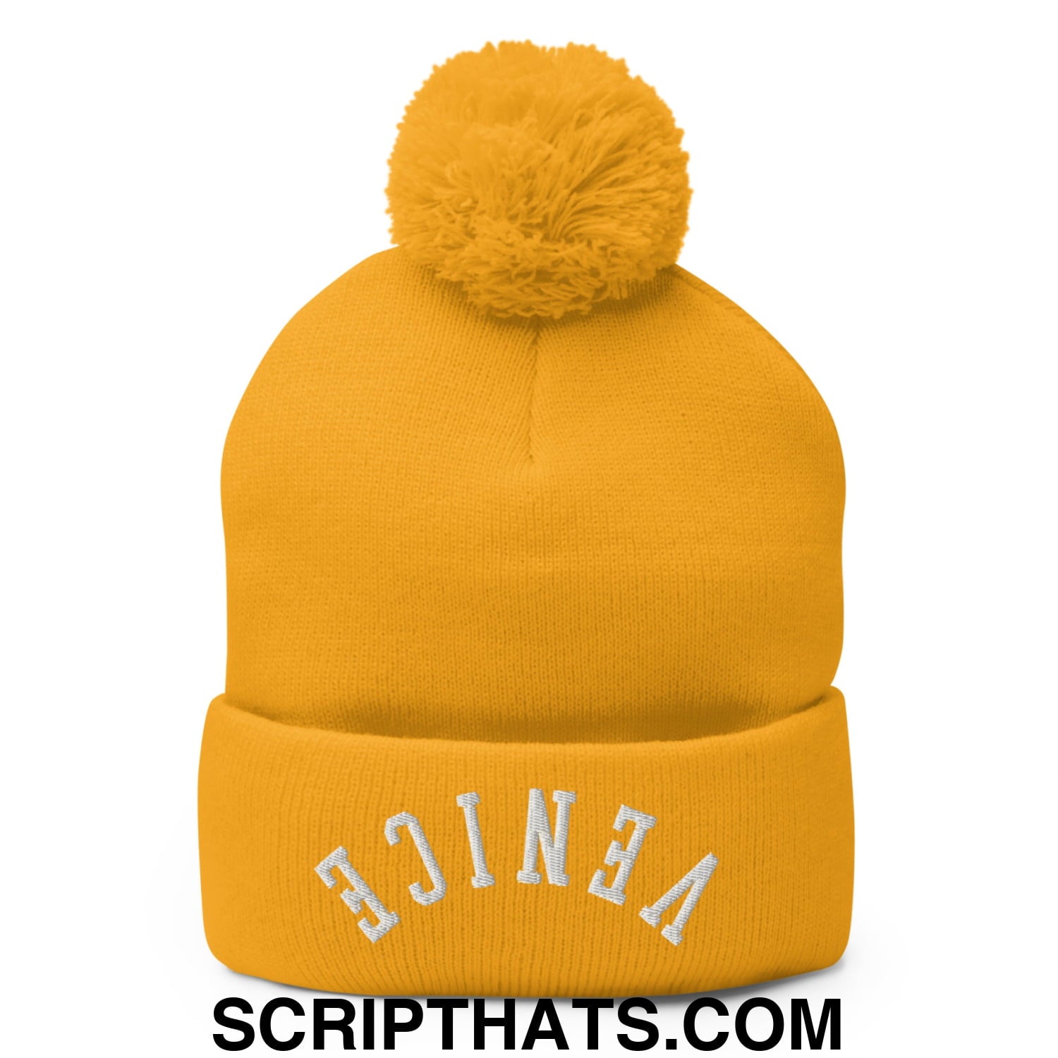 Upside Down Venice Embroidered Knit Pom Pom Beanie Gold