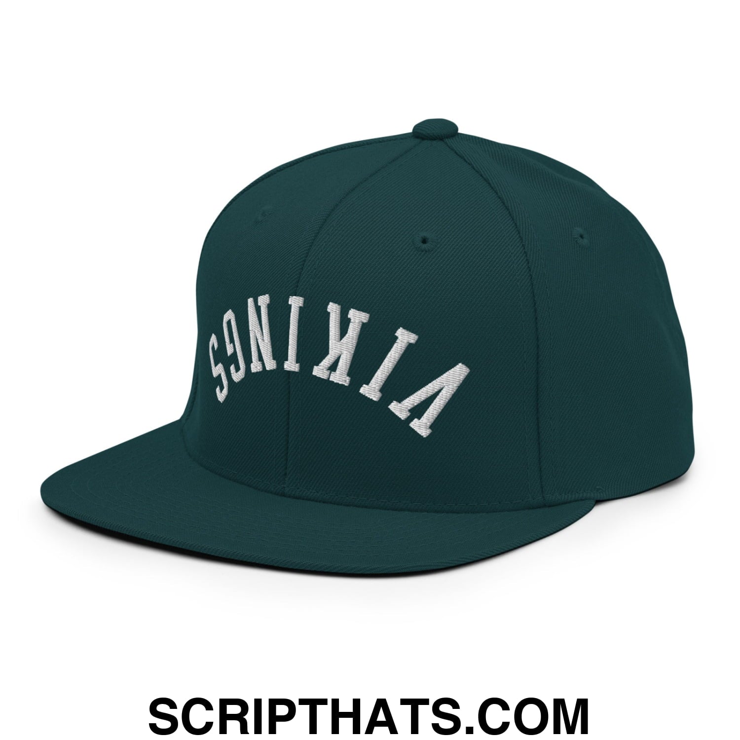 Dark green snapback cap with white embroidered vikings lettering and a flat bill brim for casual wear