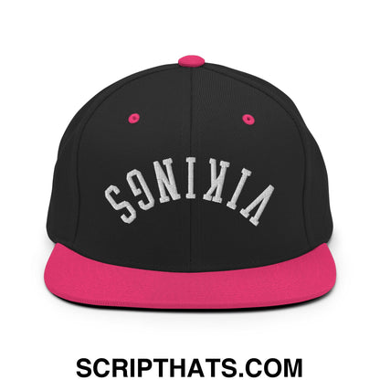 Black snapback cap with vibrant pink flat bill brim and white s9nixia embroidery in upside down vikings style