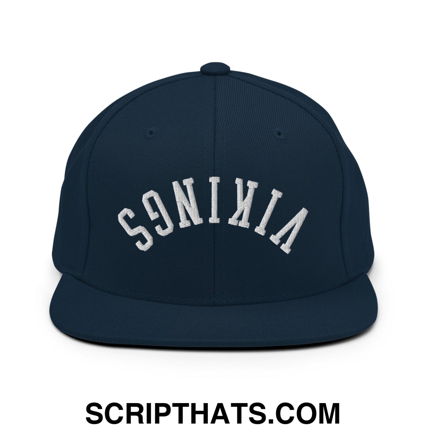 Navy blue snapback hat with white embroidered vikings arch logo and flat bill brim for casual wear