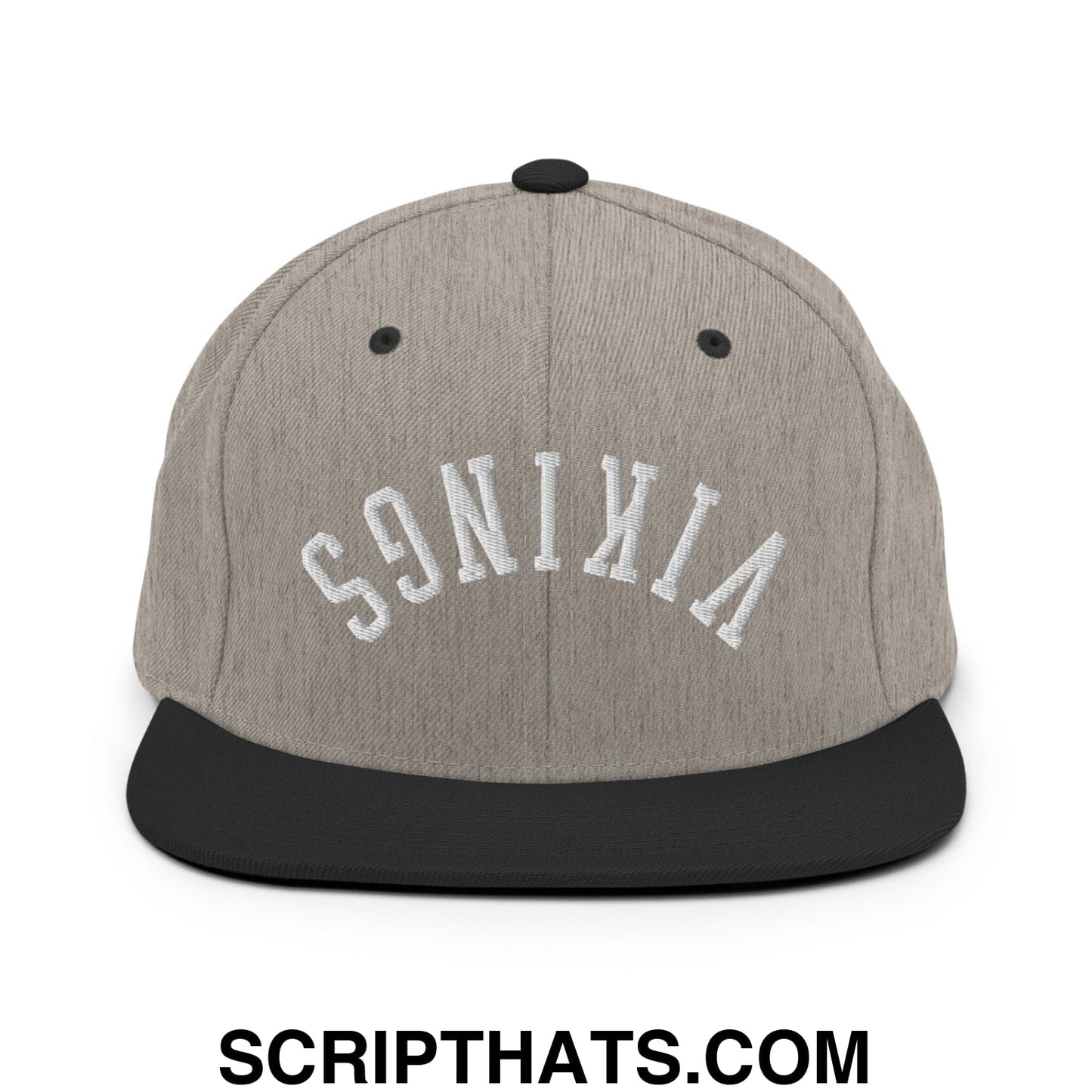 Gray and black snapback hat with white embroidered vikings lettering and flat bill brim for casual wear